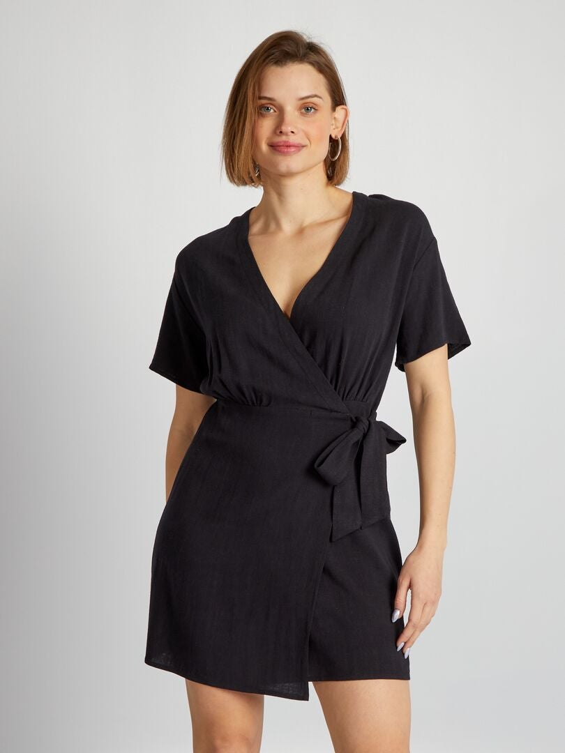 Vestido cruzado de lino - negro