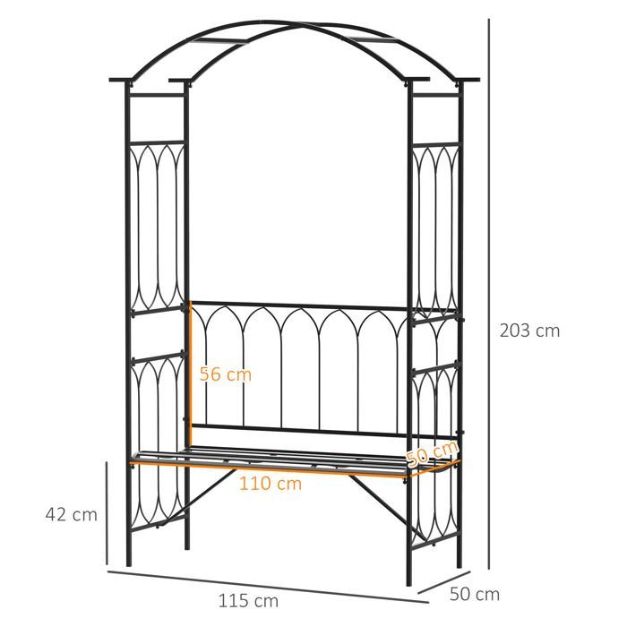 Rozenboog met bankje - Outsunny - 2 personen - voor klimplanten - voor tuin, terras of binnenplaats - 115 x 50 x 203 cm - zwart