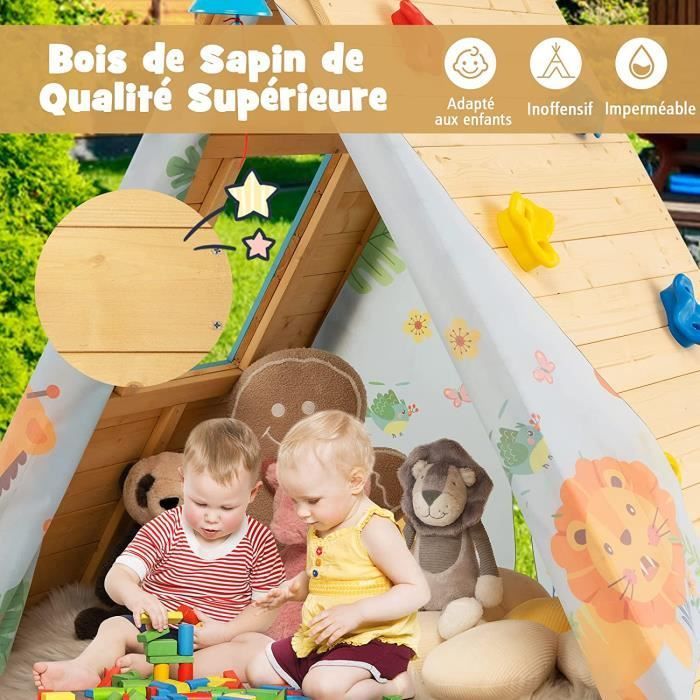 COSTWAY 2-in-1 Kinderspeelhuisje voor in de tuin met klimrek, waterdicht klokvormig speelhuisje van vurenhout voor binnen- en buitengebruik, kinderen van 3-8 jaar