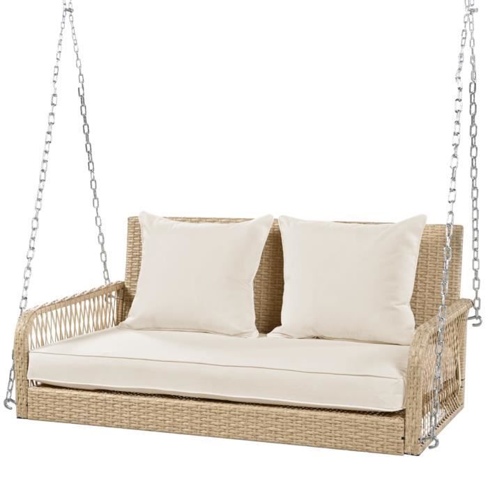 Altalena a 2 posti in rattan sintetico PE per giardino, con cuscini e 2 catene, portata 160 kg, colore beige.