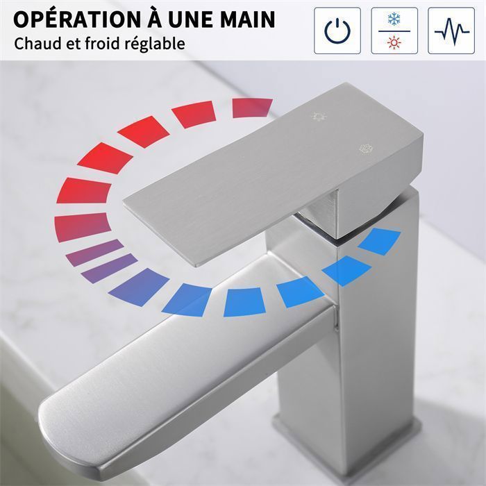 Robinet Mitigeur de Lavabo Brossé Robinet Salle de Bain Carré Robinetterie en Acier Inox - HOMELODY