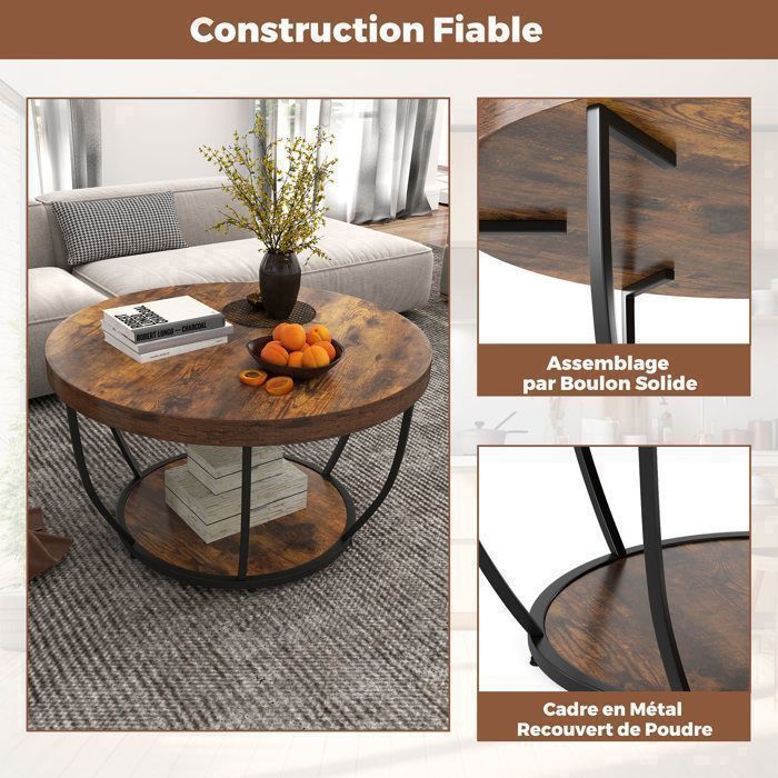 Table Basse Salon 80 cm à 2 Niveaux COSTWAY, Cadre en Métal, Table Basse Bois Table Ronde d'Appoint pour Chambre, Marron