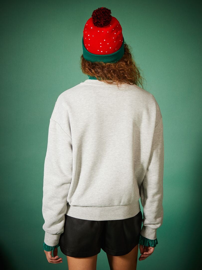 Sweatshirtjurk van zachte stof met franjes van strasssteentjes - GRIJS