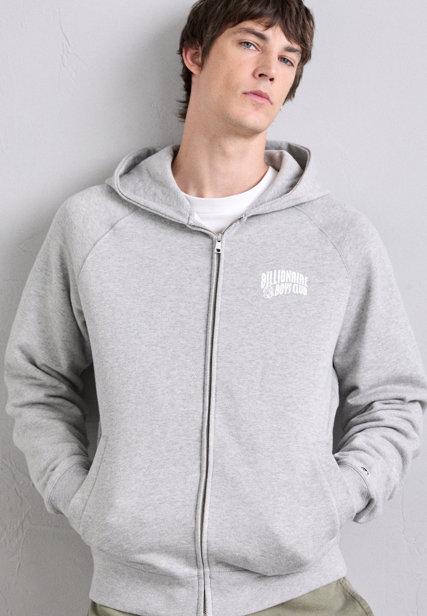 Billionaire Boys Club Sweatshirt mit kleinem Bogenlogo und durchgehendem Reißverschluss – meliertes Grau