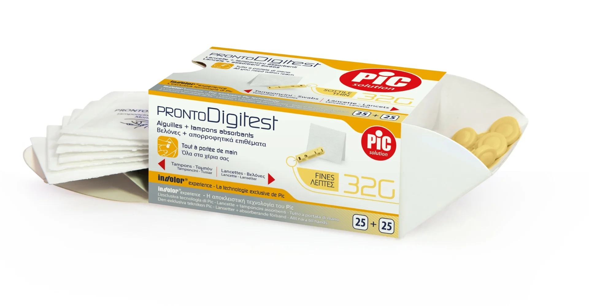 Lancetas PIC Pic Digitest G32, 25 unidades, para la medición de glucosa en sangre.
