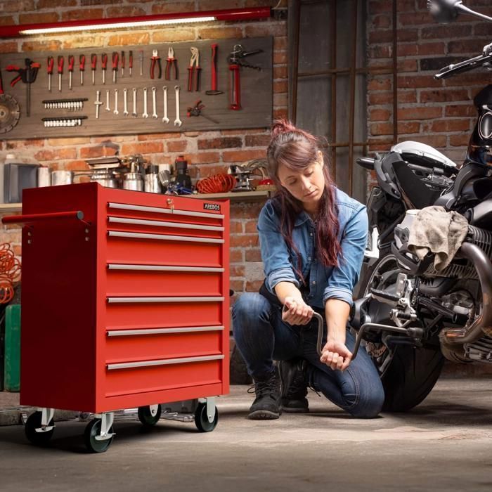 AREBOS Chariot d’atelier à 7 tiroirs en acier robuste – verrouillage central, roues pivotantes, surface résistante aux rayures