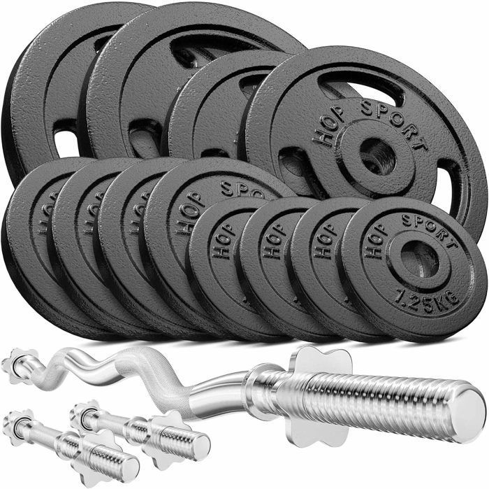 Hop-Sport 57kg gietijzeren halterset, SZ-curlstang, korte stangen, gewichtsschijven, complete halterset voor krachttraining