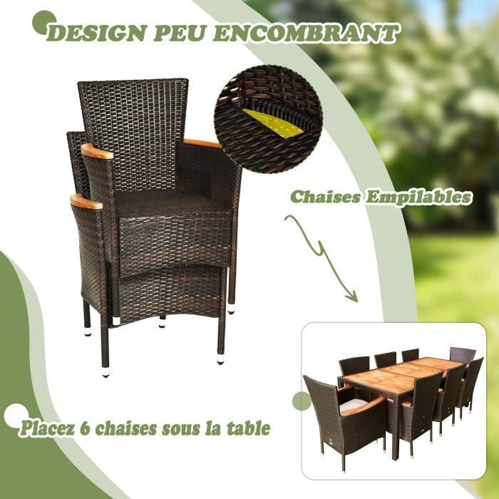 Conjunto de muebles de jardín de ratán COSTWAY para 8 personas, 1 mesa y 8 sillas apilables de madera de acacia, cojines extraíbles, color negro.