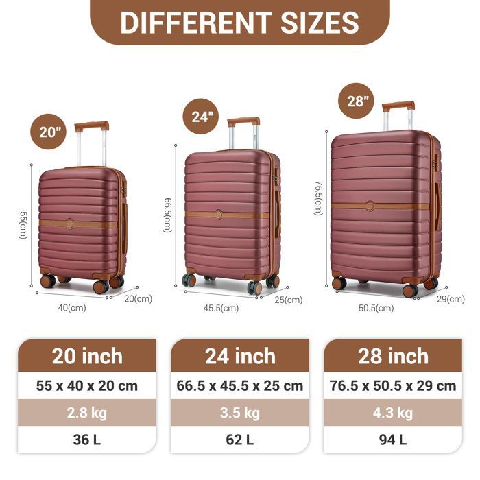 Juego de 3 maletas rígidas Kono (55/66/76 cm) ABS+PC - Maleta de cabina, ligera y resistente, 4 ruedas y cerradura de seguridad, roja