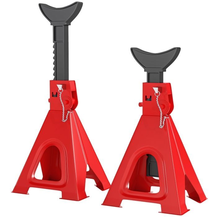 Soportes de gato ajustables de 6 toneladas - 2 piezas - Rojo - Acero - Altura ajustable de 375 a 592 mm - 13 niveles