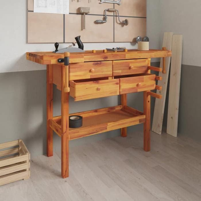 Banco de trabajo vidaXL con cajones y tornillos de banco 124x52x83 cm Madera maciza de acacia 153322