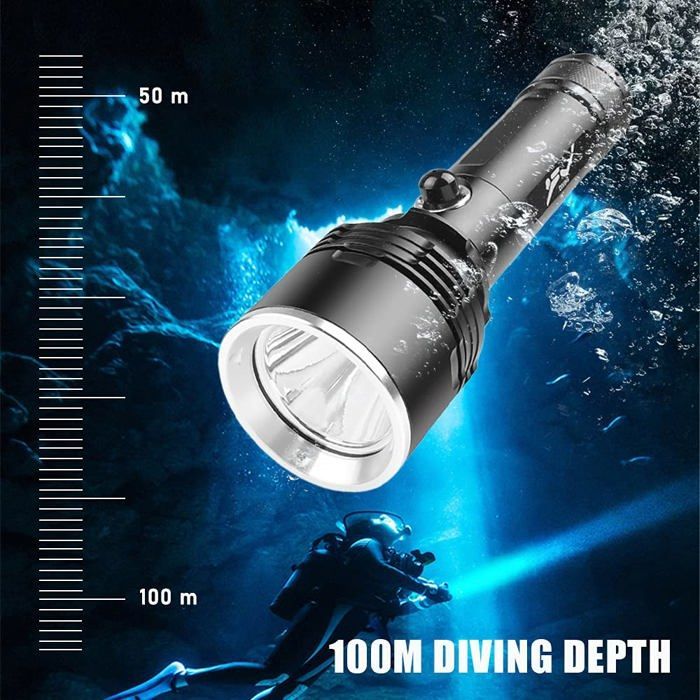Linterna de buceo, linterna subacuática para buceo, superbrillante de 5000 lúmenes con 3 modos, con batería 26650 y cargador.