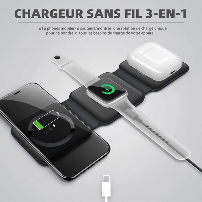 3-in-1 Wireless Charger, Inductive Charging Station, Foldable, for iWatch, Airpods Pro, iPhone and Samsung, 15W