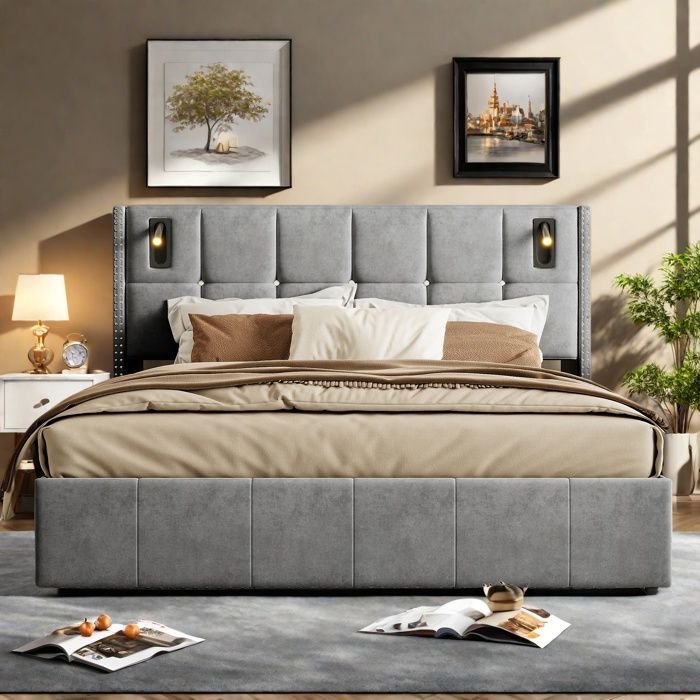Letto contenitore 160 x 200 cm, letto 160x200 con rete a doghe, letto matrimoniale, struttura letto, con lampada da lettura da comodino, grigio, velluto