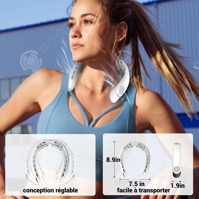 Ventilatore da collo - PASSIONOVA - INN - Batteria da 4000 mAh - 3 velocità 4800-7300 giri/min - Silenzioso, senza pale