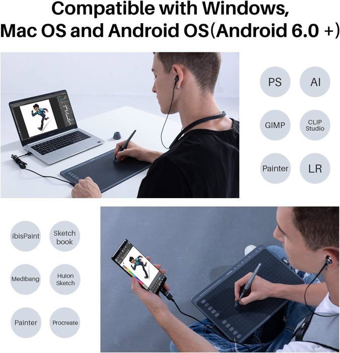 HS611 (Blu Stellare) Tavoletta grafica con funzione di inclinazione, compatibile con Android e dotata di 8 tasti multimediali.