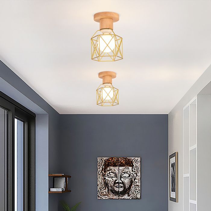 SNOGOLD Industriële Plafondlamp, Retro Plafondlamp van Metaal en Hout, Vintage E27 Zeshoekige Lampfitting, Goudkleurige Afwerking, voor Woonkamer en Slaapkamer