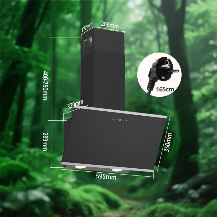 Cappa aspirante FIREGAS da 60 cm - Ricircolo e aspirazione - 420 m³/h - 3 velocità - Filtro a carboni attivi CC130 - Nero - Touchscreen - Classe energetica A++