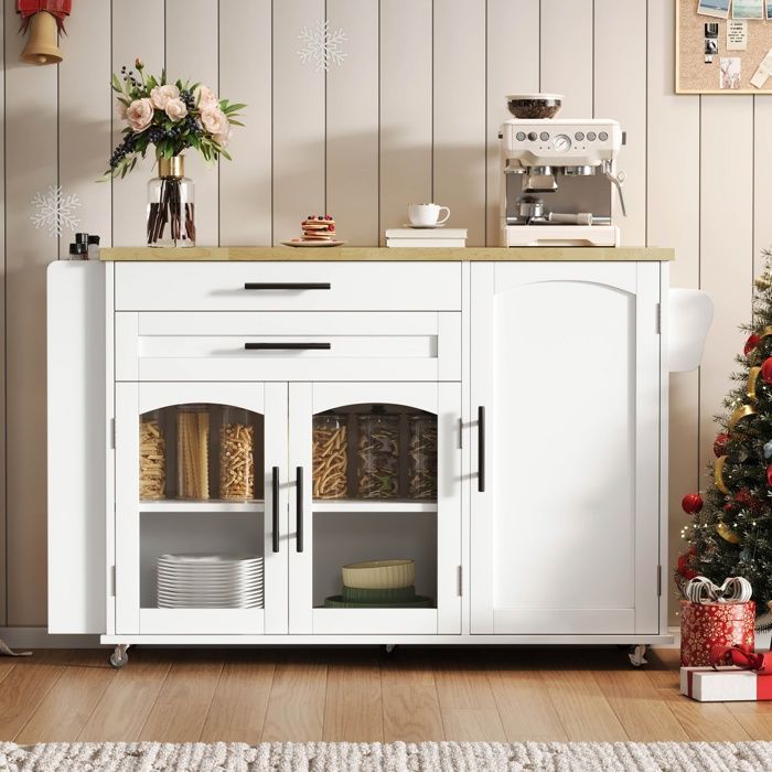 Isla de cocina móvil con encimera plegable, carrito de cocina, 5 ruedas, especiero, 2 cajones, 120x45(70)x90cm, blanca