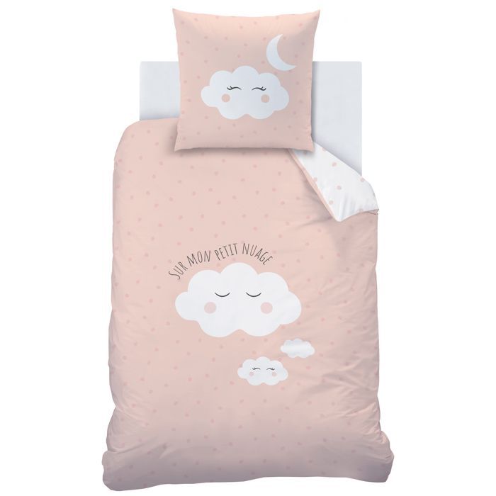 Parure de lit enfant 100% coton - MATT & ROSE - NUAGES - Blanc/rose - 140x200+63x63cm
