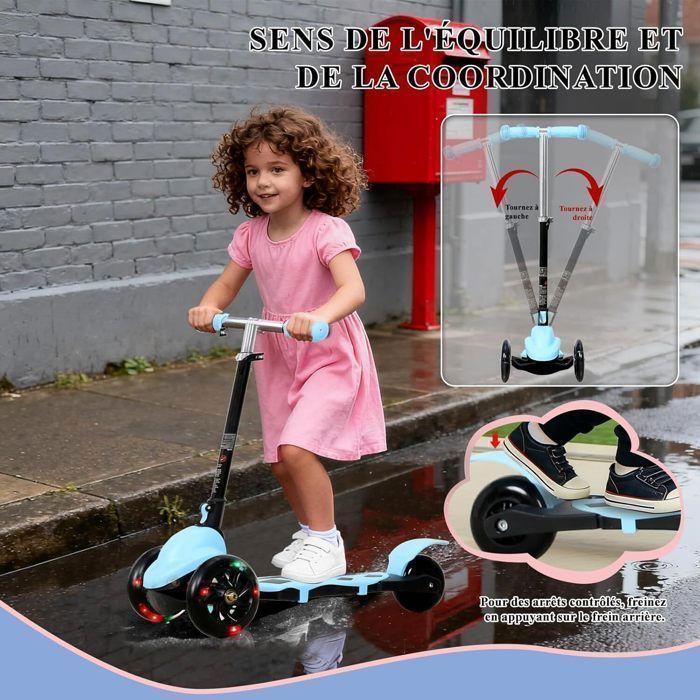 Monopattino pieghevole con 3 ruote illuminate a LED per bambini dai 2 ai 5 anni, manubrio regolabile in altezza su 3 posizioni, colore blu.