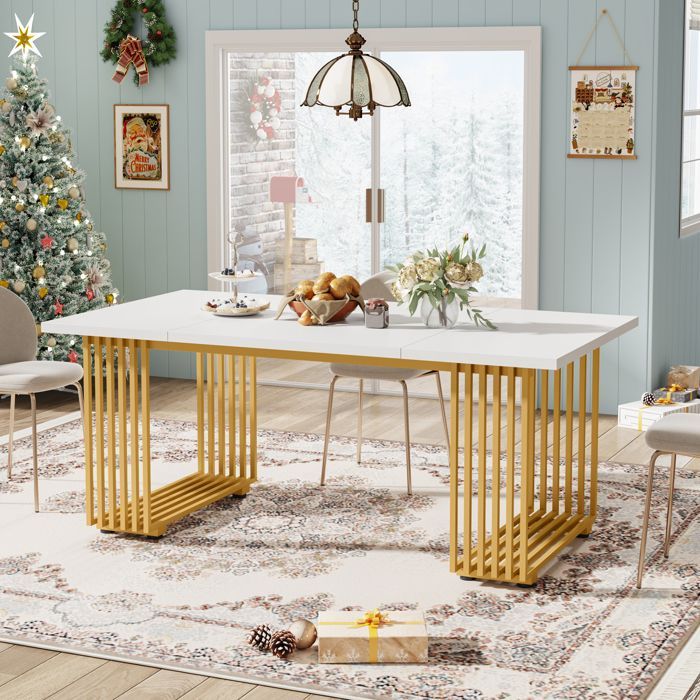 Table à Manger Moderne,Little Tree,180 cm Table de Cuisine en Bois avec Pieds en Métal Doré Pour 6 à 8 Personnes,Blanc et Or