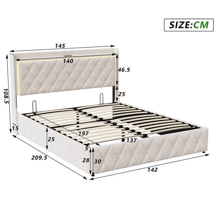 Lit 140x190 cm - NMONET - LED - tissu en velours - cadre de lit double 140x190 cm - beige