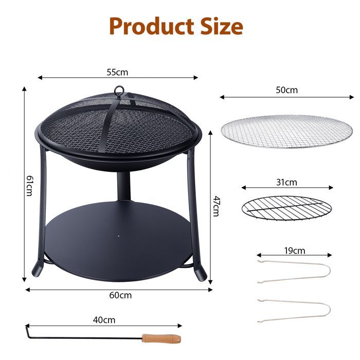 Brasero redondo multifuncional para jardín con estante y rejilla protectora contra chispas, barbacoa y calefactor exterior, de metal resistente.