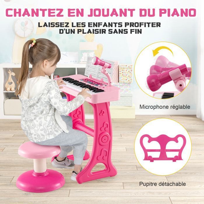 Piano infantil – DREAMADE – Teclado de 37 teclas para niños – Micrófono – Taburete cómodo – Atril extraíble – Rosa