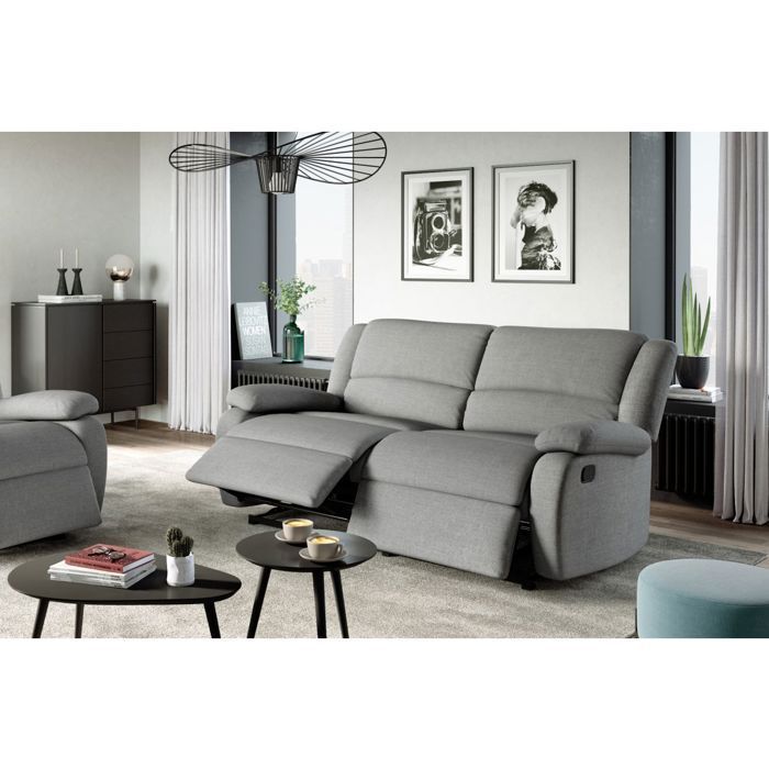 Canapé relax manuel 3 places avec 2 assises XXL LEO en tissu - Gris clair - L193 x P93 x H96cm - LOUNGITUDE