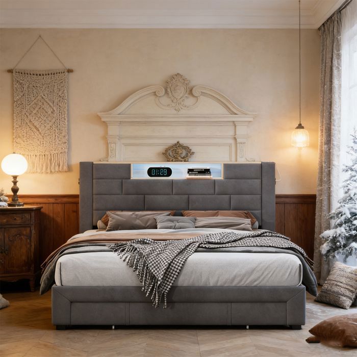 Cama 140x190 cm - COZY - LED - tecido aveludado - estrutura de cama de casal 140x190 cm - cinza