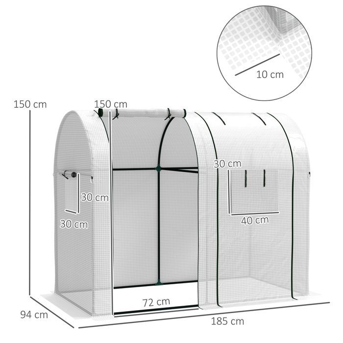 Serre de jardin - Outsunny - 1,8 m² - 2 portes zippées déroulantes - 4 fenêtres enroulables - acier PE haute densité - blanc
