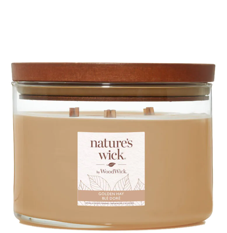 Woodwick Natures Wick Świeca w Szkle z 3 Drewnianymi Knotami Golden Hay
