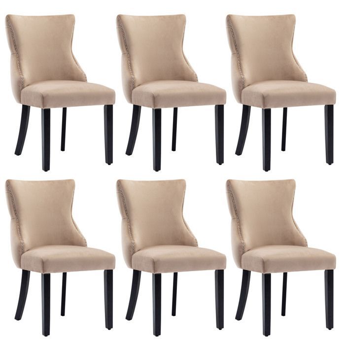 Set di 6 sedie da pranzo in velluto, gambe in legno massello, sedie imbottite, stile moderno, poltrona da soggiorno beige