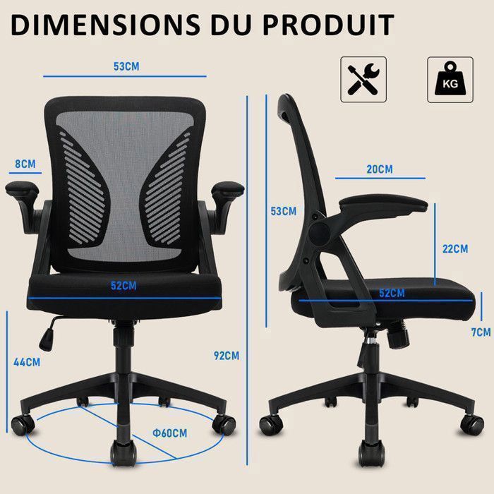 Office chair, desk chair with adjustable armrests and lumbar support, mesh office chair, black