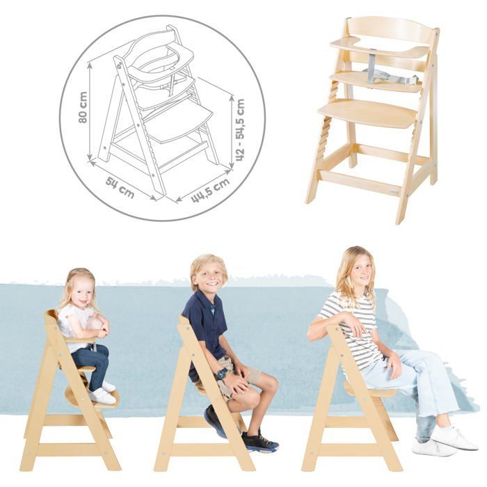 2-in-1 Convertible High Chair - ROBA - BORN UP - Includes Reclining 'Greyish Quilted' Recliner - Natural Wood