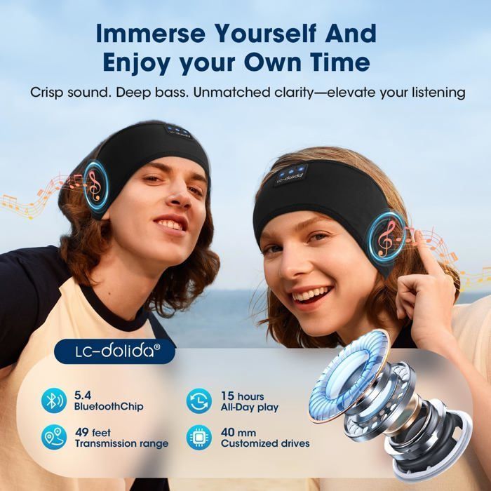 Bandeau Bluetooth pour dormir - SVATV - Sleeping headband - Charbon Noir - Suppression active du bruit