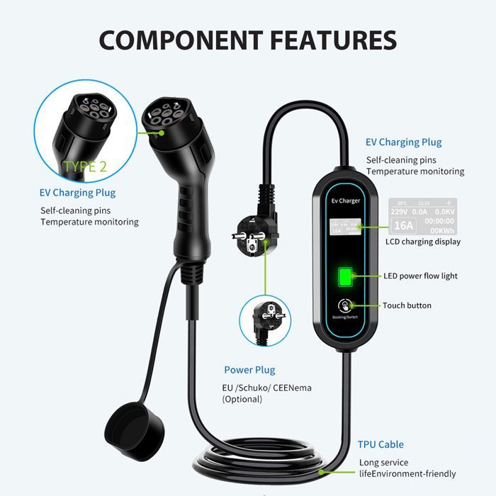 Cargador para coche eléctrico: estación de carga portátil de 3,5 kW, 16 A, 220 V, IP65, con corriente ajustable y cable de 3,5 m.