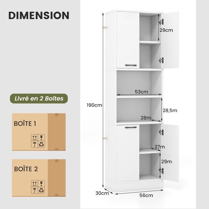 GIANTEX 6-Tier Kitchen Buffet, 190cm High - 2 Cupboards with 4 Doors + 2 Compartments - Bathroom Storage Unit - White
