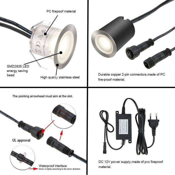 Confezione da 16 faretti LED da incasso per esterni, IP67, 12V, 0,6W, luce bianca neutra 4500K, in acciaio inox 304.