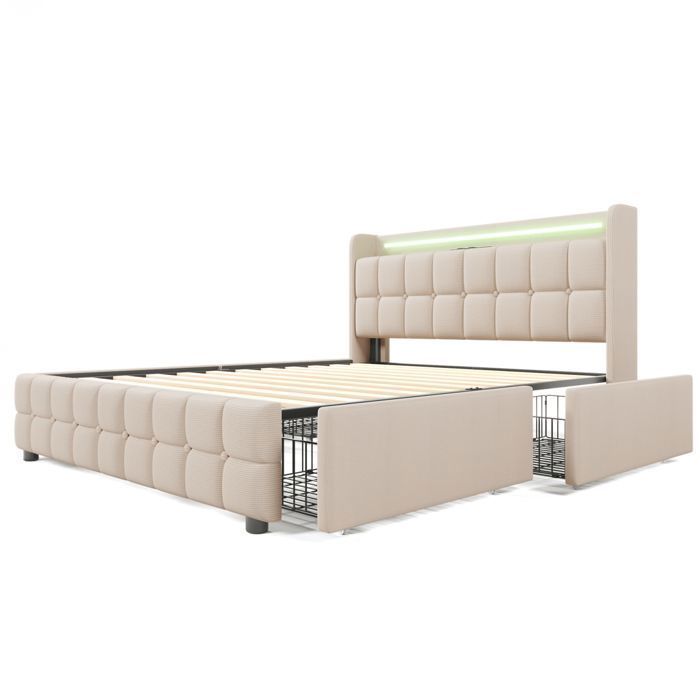 Cama de 160x200 cm con iluminación LED y 4 cajones, cama Queen de 160x200 cm con somier de láminas y puerto USB, cama para adultos en tela de lino, color beige.