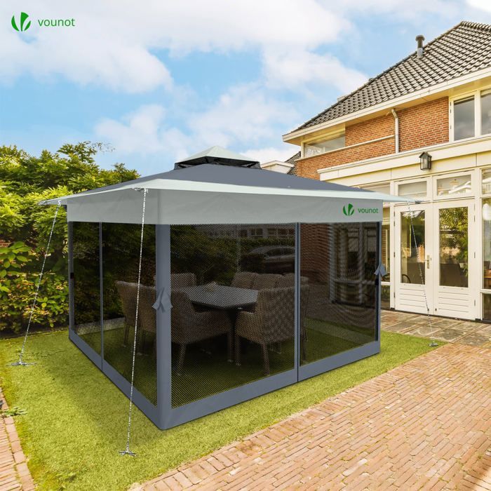 Cenador de jardín exterior VOUNOT® de 3,6 x 3,6 m, plegable con mosquitera, color gris.
