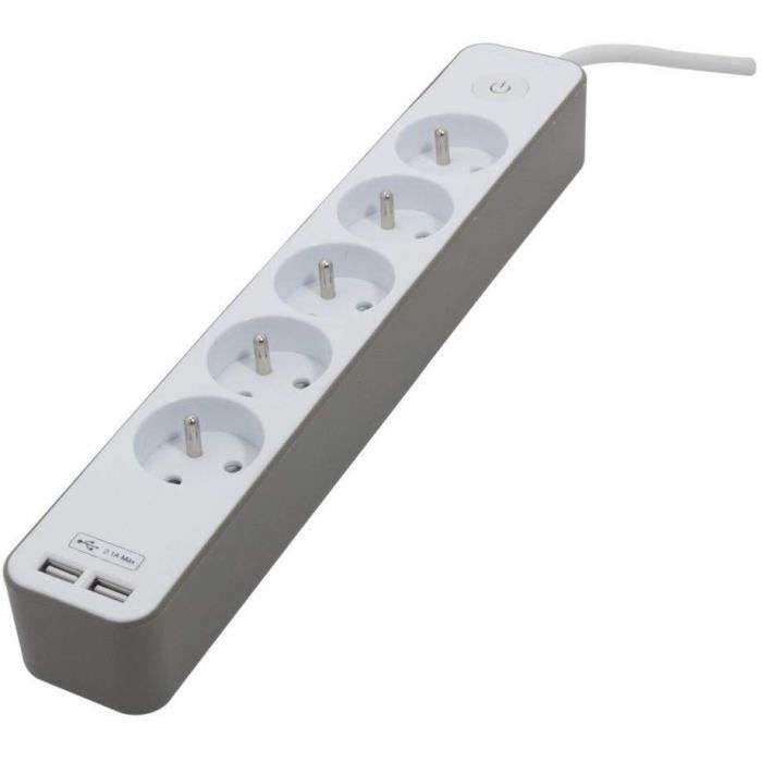 CHACON 5-outlet power strip, 16A, with 2 USB ports and 1.5m cable HO5VV-F 3x1.5mm² white and brown