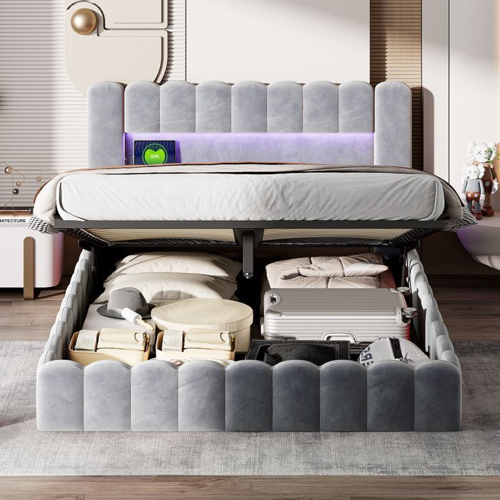 Cama con almacenamiento - PERGAR - 180 x 200 cm - Lino gris - Base de láminas incluida - Almacenamiento USB y LED
