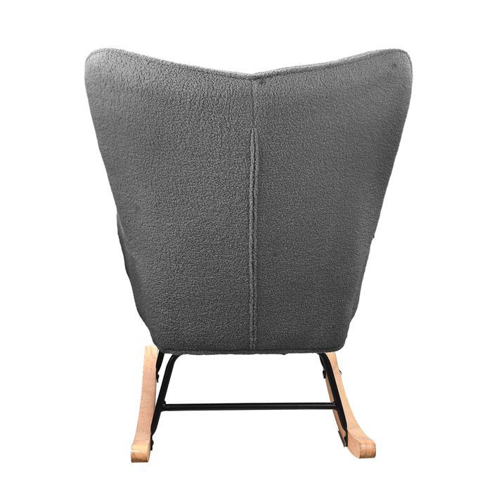 Mecedora de salón, respaldo a cuadros, mecedora para bebés, base de madera, tela de terciopelo Teddy, gris.