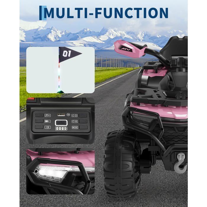 Coche eléctrico infantil 4x4 tipo buggy, 12 V, velocidad máxima de 6 km/h, suspensión, faro LED, Bluetooth, música, color rosa.