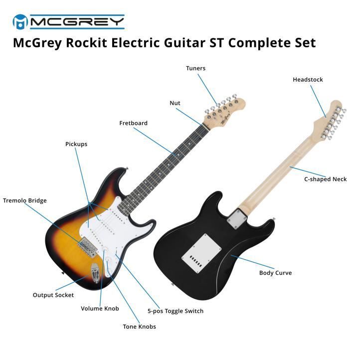 Pack Guitare électrique Sunburst - McGrey Rockit - Guitare électrique Kit Complet Ampli de 10 W, Housse, Accordeur et Sangle