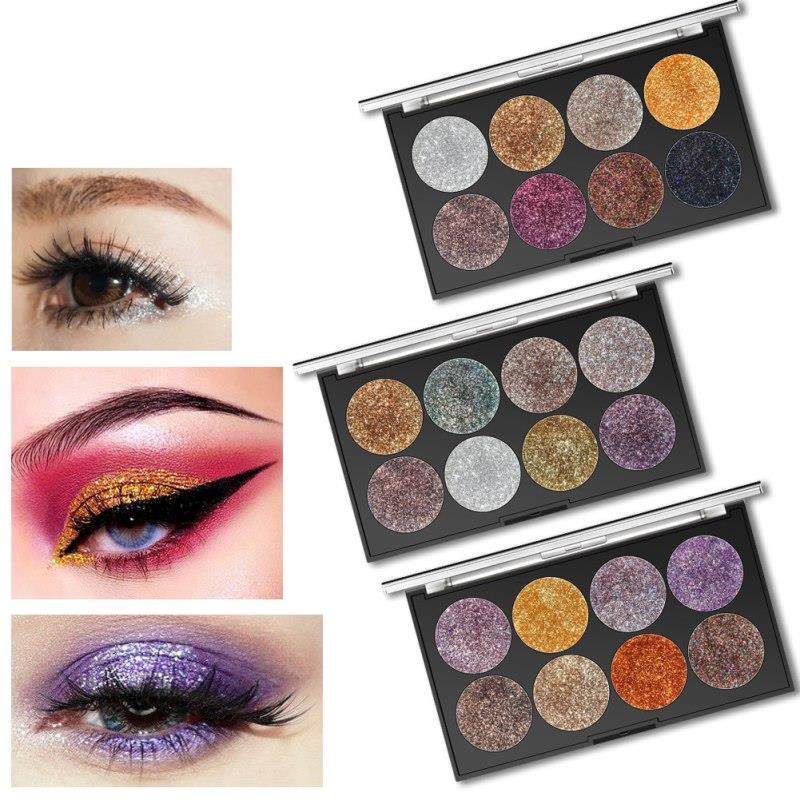 8 kleuren glanzende oogschaduwpalet met glitters en diamantpigmenten, geschikt voor een zacht oogschaduwmeisje.