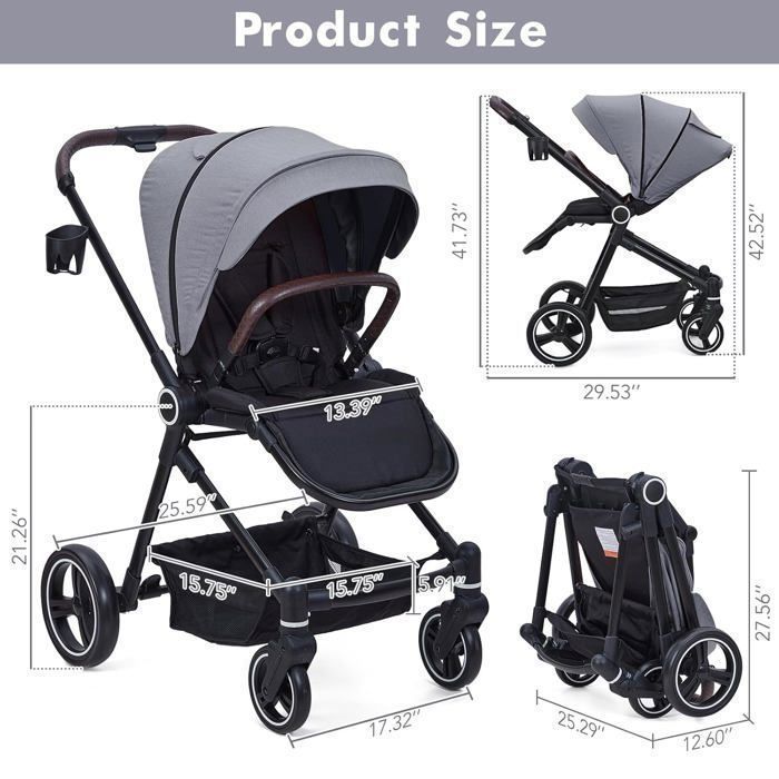 Cochecito 3 en 1 - Cochecito compacto - Fácil de plegar y transportar - Gris - Capacidad de carga de 22 kg