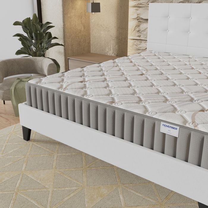 Set letto e materasso (140x200 cm) - Sirius 16 cm Lattice naturale e schiuma ad alta densità + Base a doghe stabile e testiera imbottita bianca